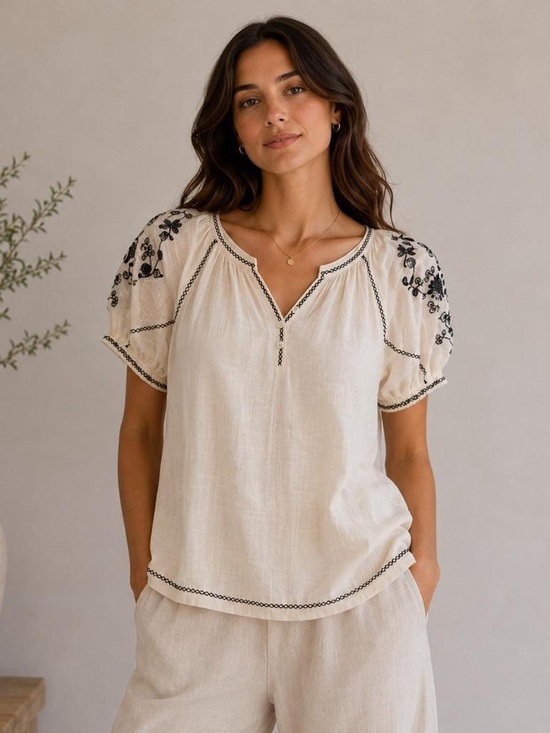 Max Studio Tops - Max Studio Off-White V-Neck Puff-Sleeve Tunic with Black Floral Embroidery
